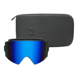 Ski goggle with blue lens and frameless black design next to Coral Eyewear ski goggle case