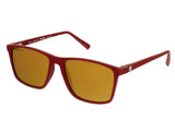 Side view of red and gold polarized sunglasses
